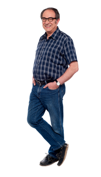 an older man in a blue shirt and jeans