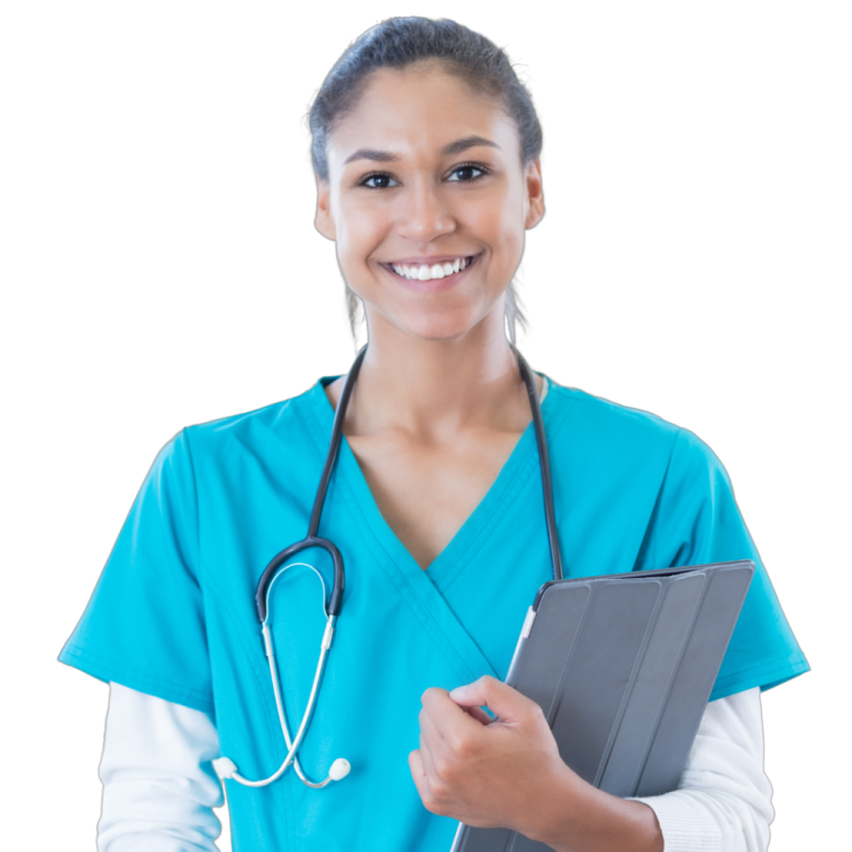 a smiling female doctor holding a clipboard