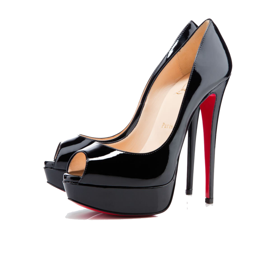 a pair of black high heels with red soles