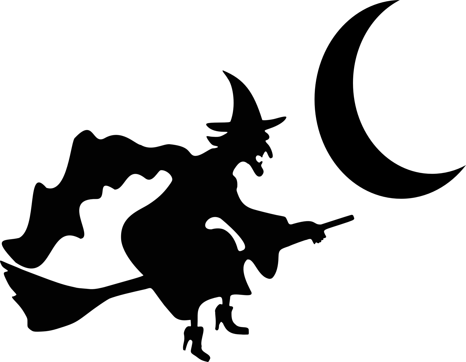 a black and white silhouette of a witch flying over the moon