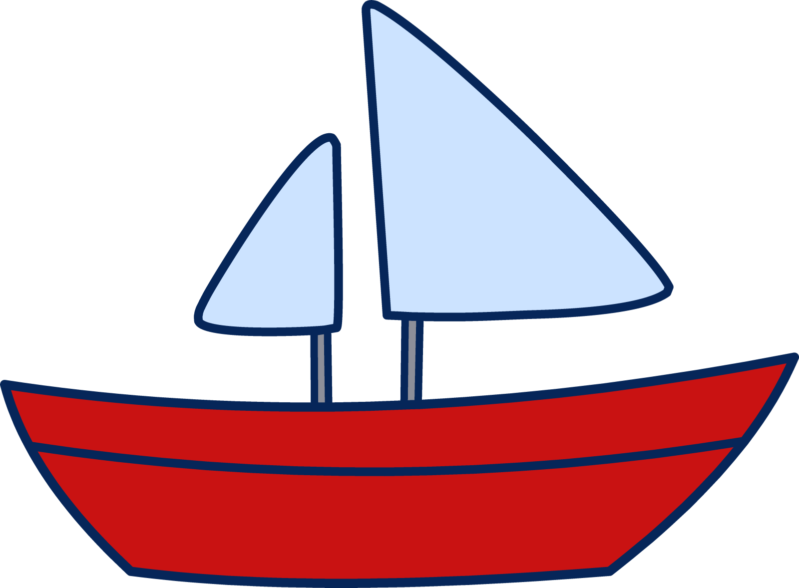 a red boat with blue sails