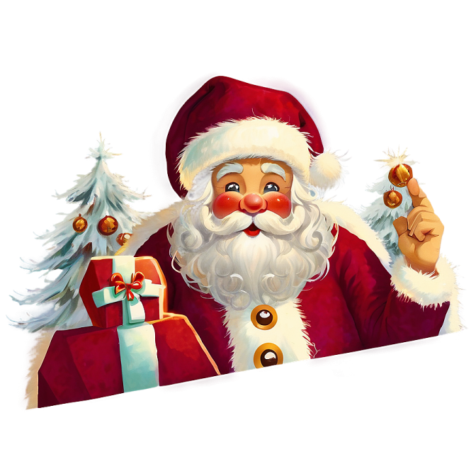 a santa claus holding a christmas tree and pointing at it