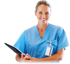 a woman in scrubs holding a clipboard