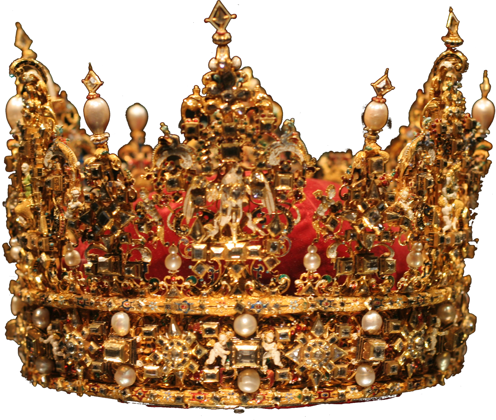 a gold crown with red and white decorations