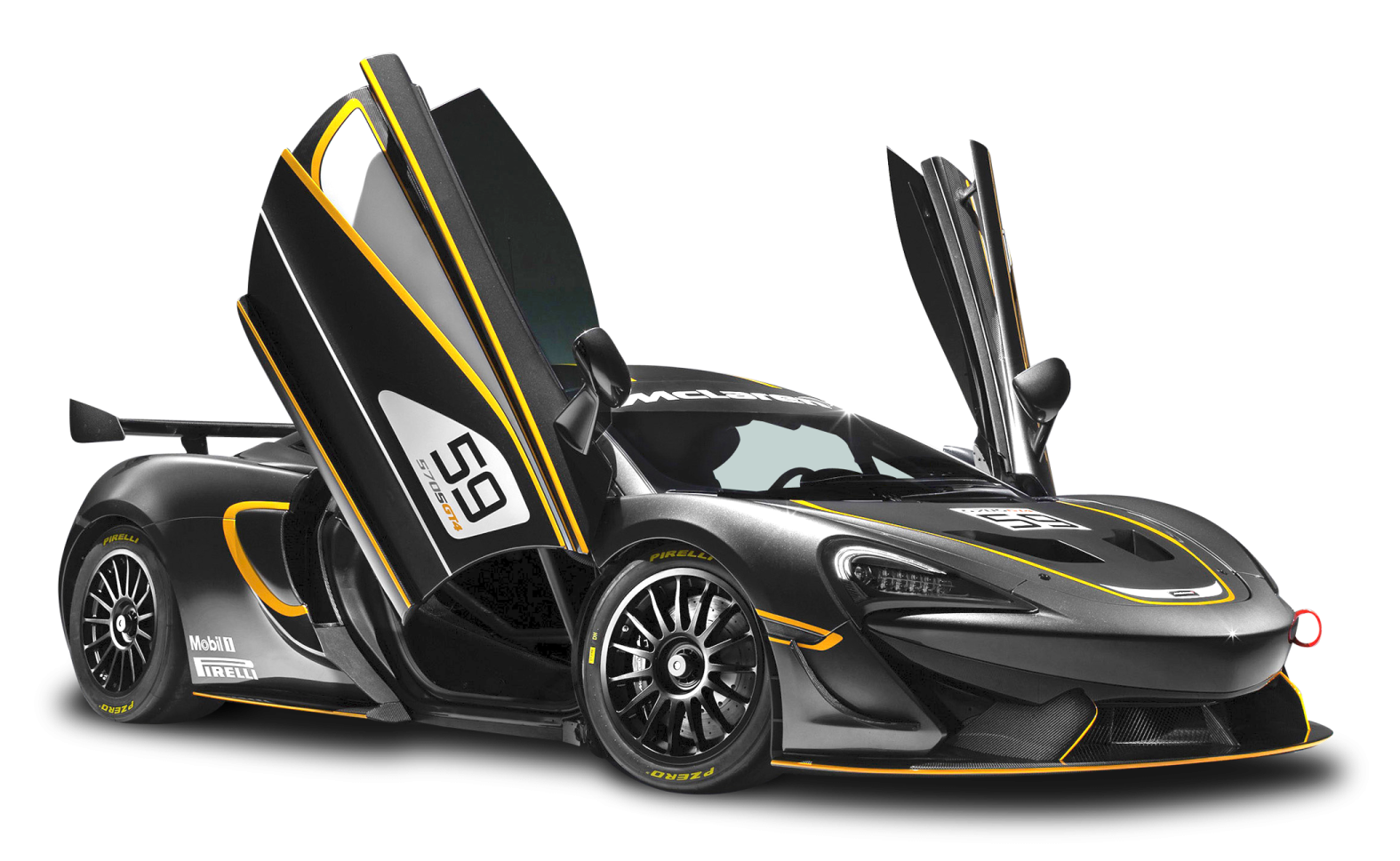 a black and yellow mclaren car with doors open