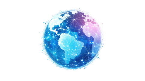 a blue and white globe with connected lines around it