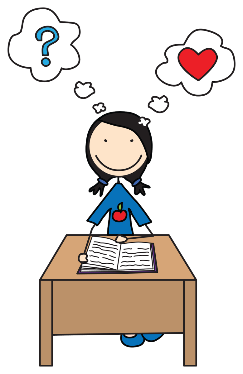a girl sitting at her desk with a heart above her head