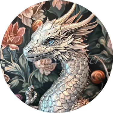 a white dragon with blue eyes and flowers in the background