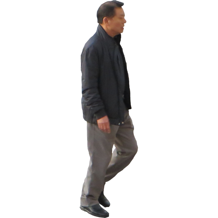 a man in a black jacket and gray pants