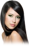 a woman with long black hair and green eyes