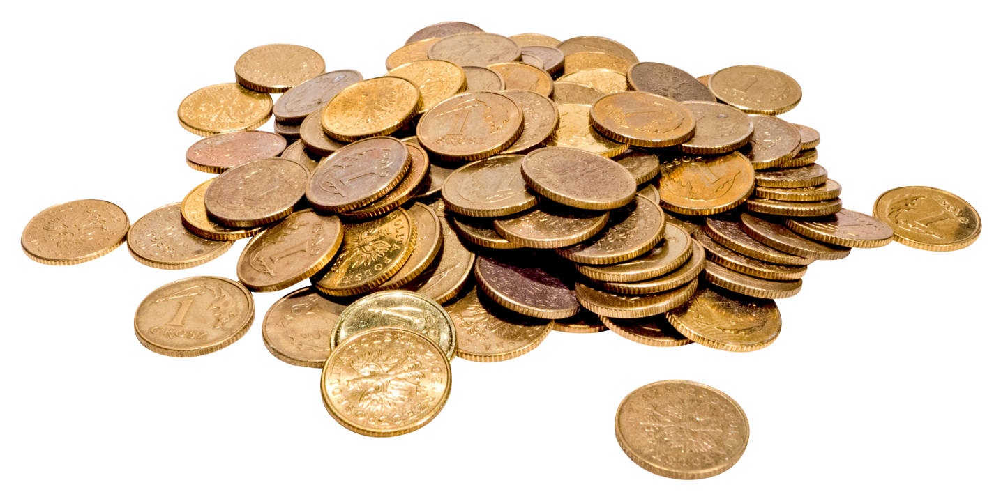 a pile of coins on a white background