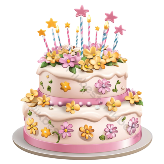 a birthday cake with candles and flowers