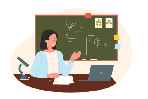 a woman sitting at a desk in front of a blackboard