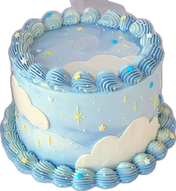a blue cake with stars and clouds on top