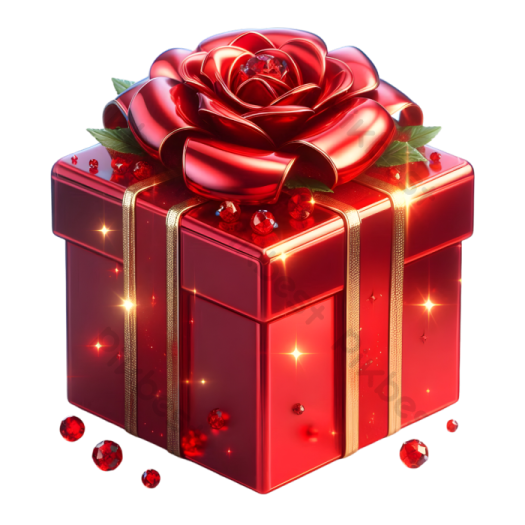 a red gift box with a rose on top