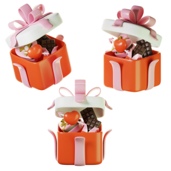 three orange and white boxes with chocolates in them