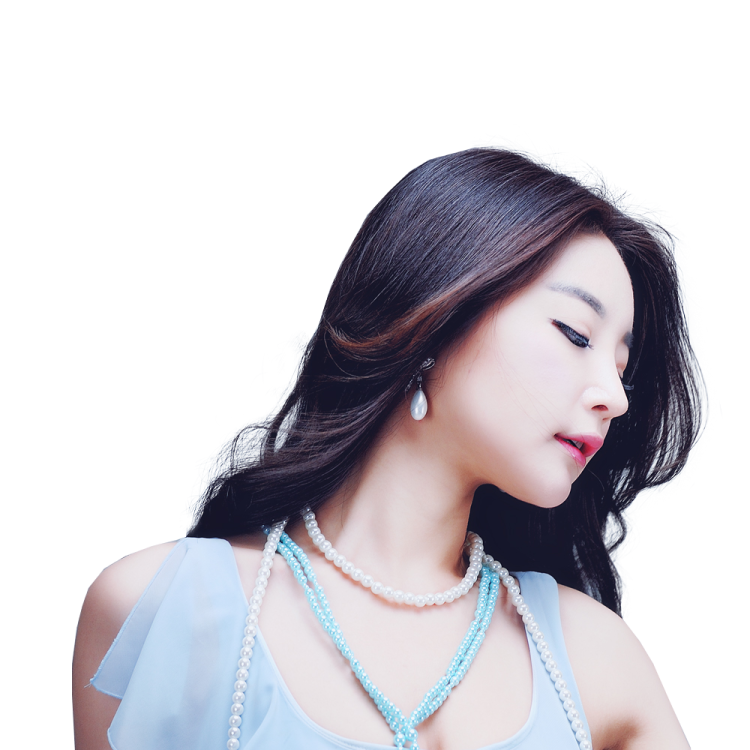 a woman wearing a blue dress and pearls necklace