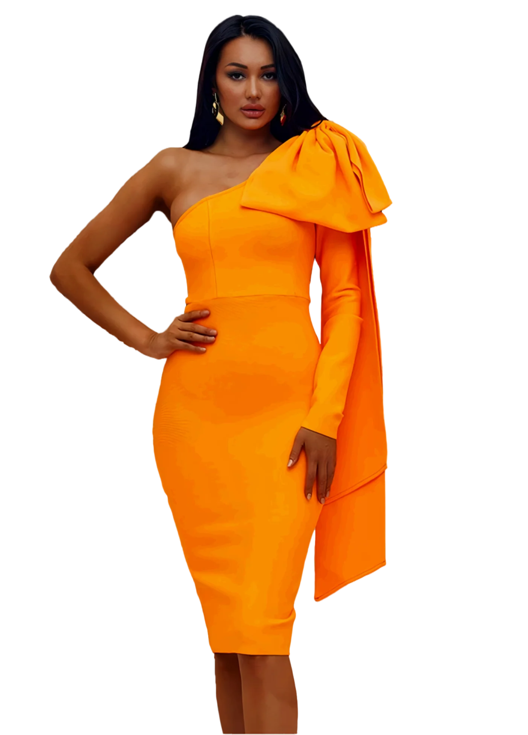 a woman in an orange dress