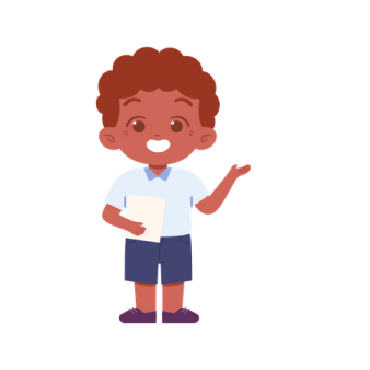 a boy with a white shirt and blue shorts holding a piece of paper