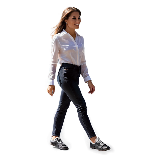 a woman in white shirt and black pants walking
