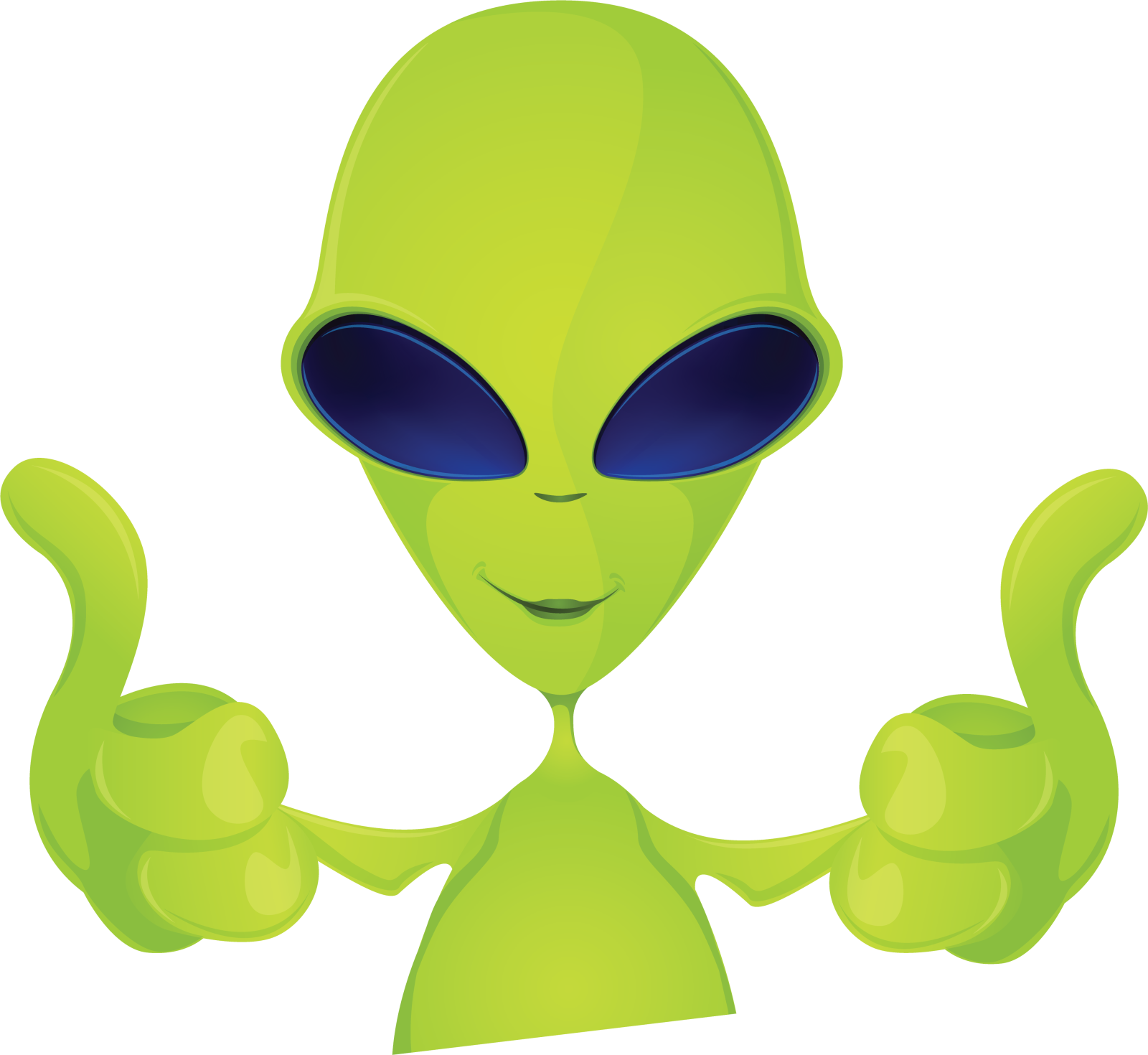 a green alien with two thumbs up