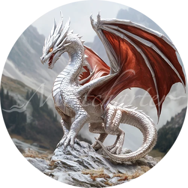 a white and red dragon sitting on top of a rock