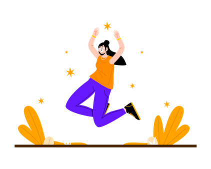 a woman jumping in the air with her arms up