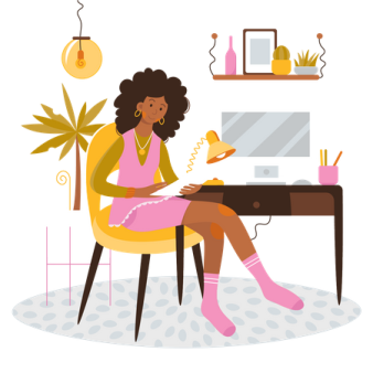 a woman sitting at her desk reading a book
