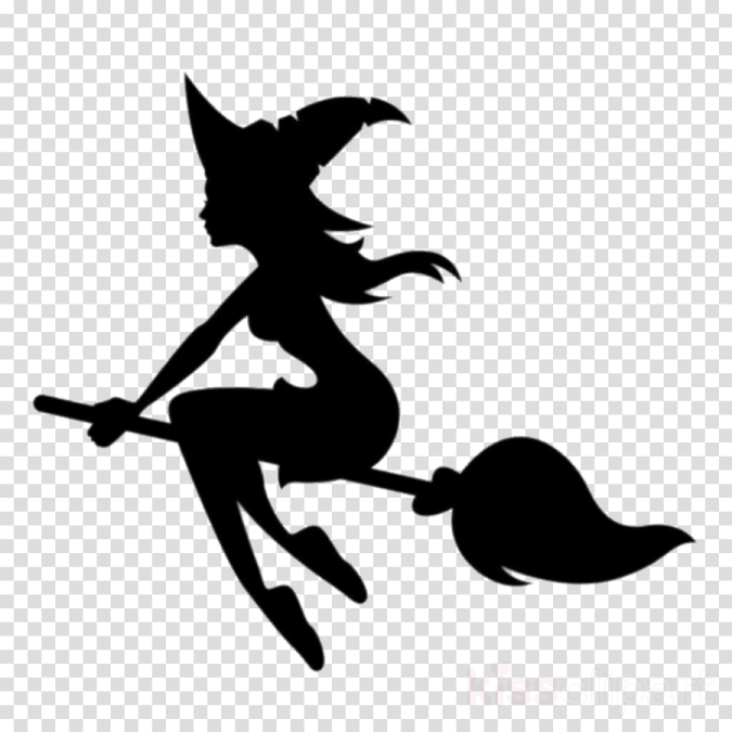 a black and white silhouette of a witch flying on a broom