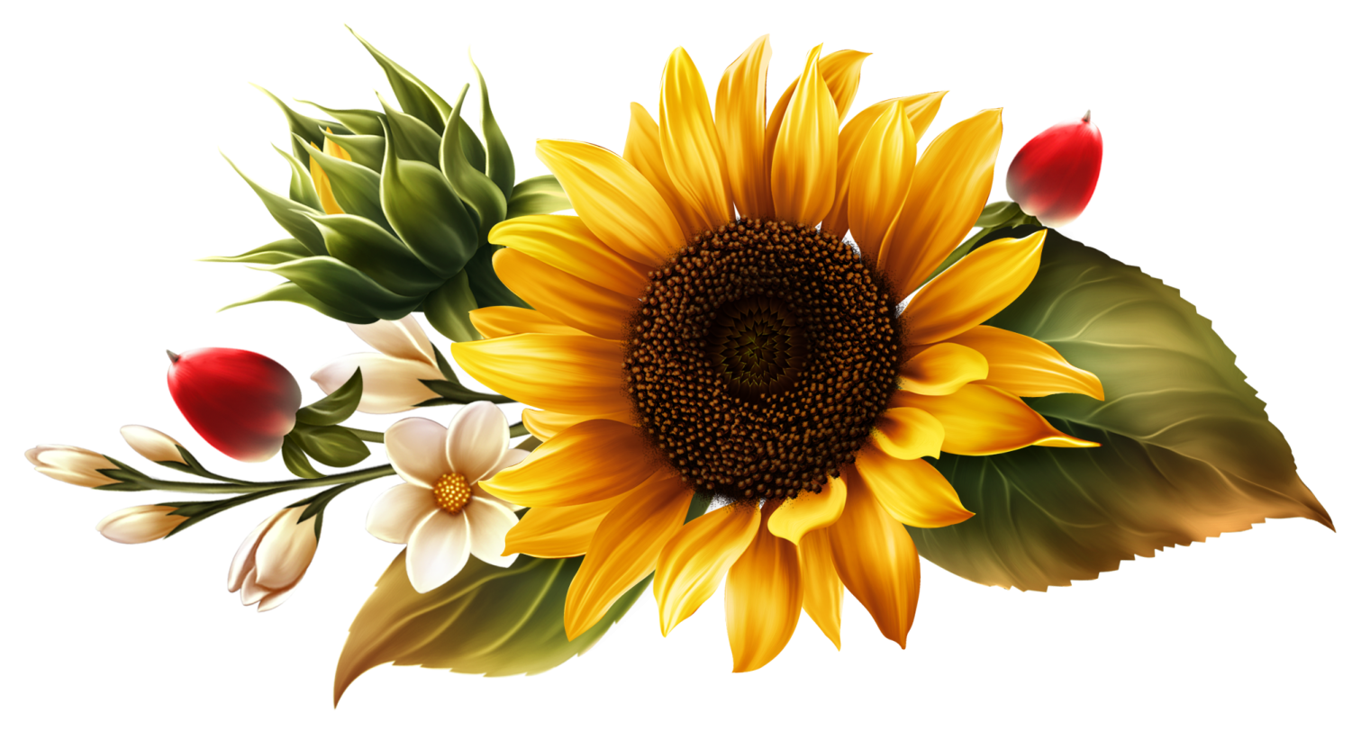 a yellow sunflower with green leaves and red flowers