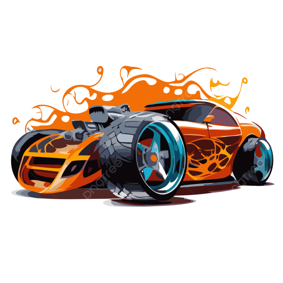 an orange race car with flames on it