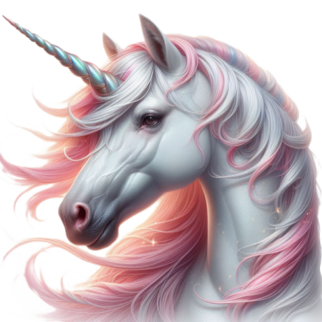 a white unicorn with pink hair and a rainbow mane
