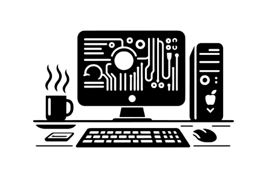 a computer with a cup of coffee next to it