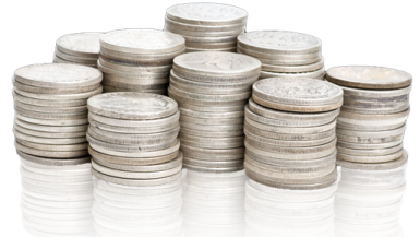 a pile of coins on a white background