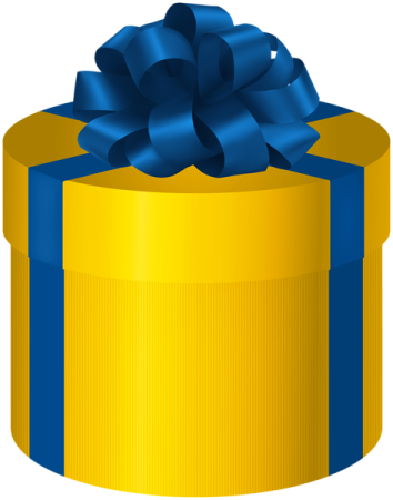 a yellow gift box with blue ribbon and bow