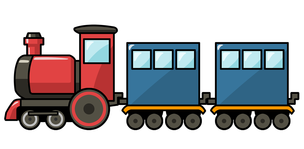 a red and blue train on a white background