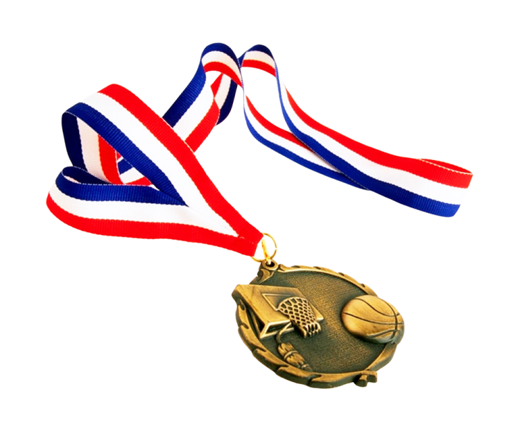 a gold medal with red, white and blue ribbons
