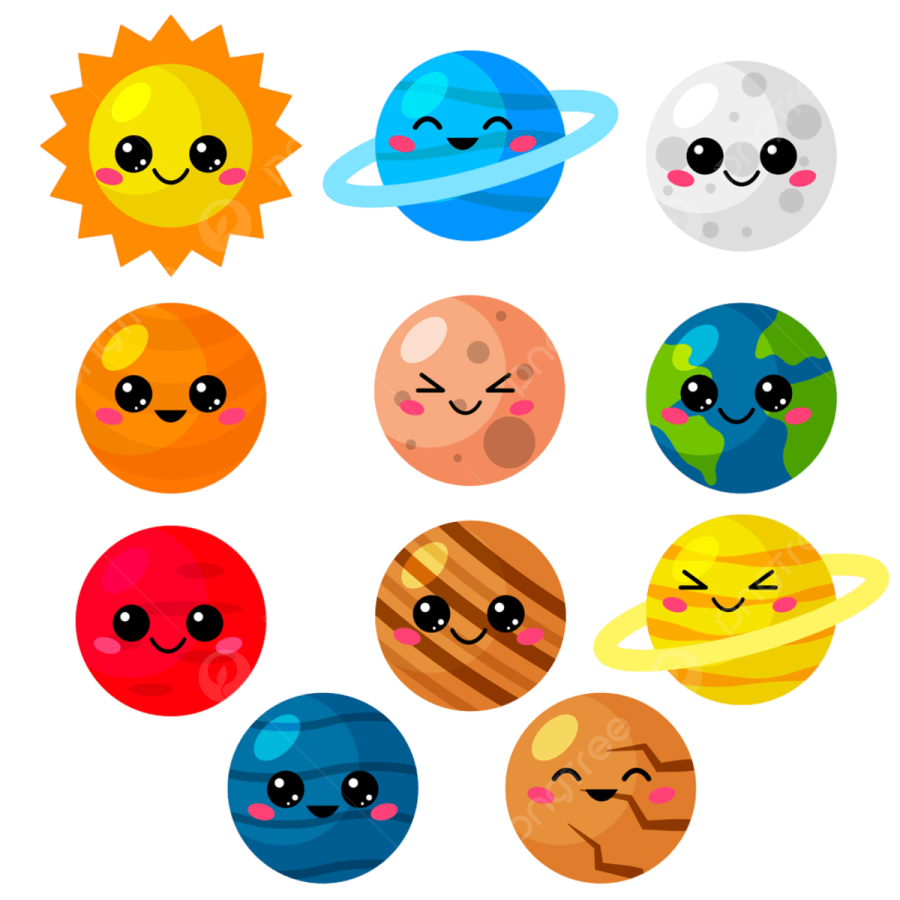 a set of cartoon planets with different faces