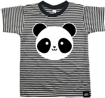 a black and white striped shirt with a panda face on it