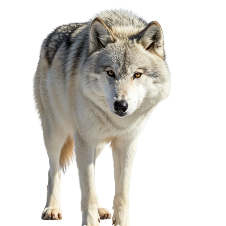 a gray wolf standing on a white background