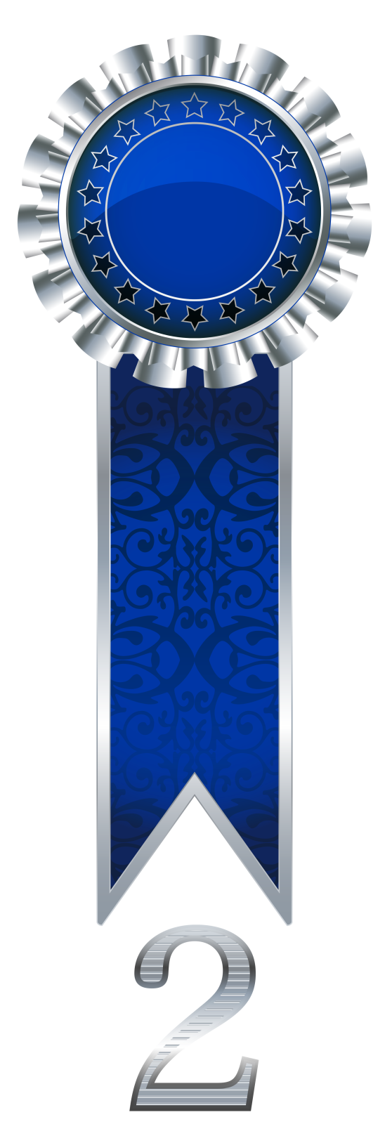 a blue and silver award medal with the number 2