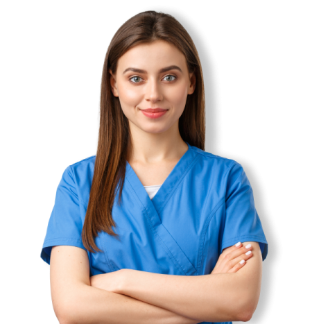 a woman in scrubs with her arms crossed