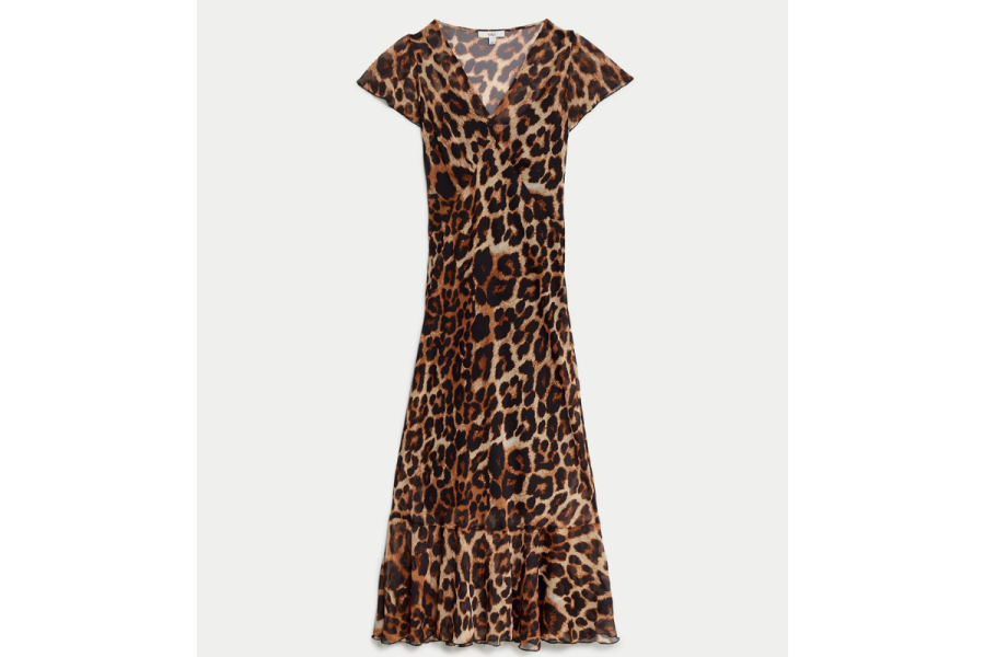a woman wearing a leopard print dress
