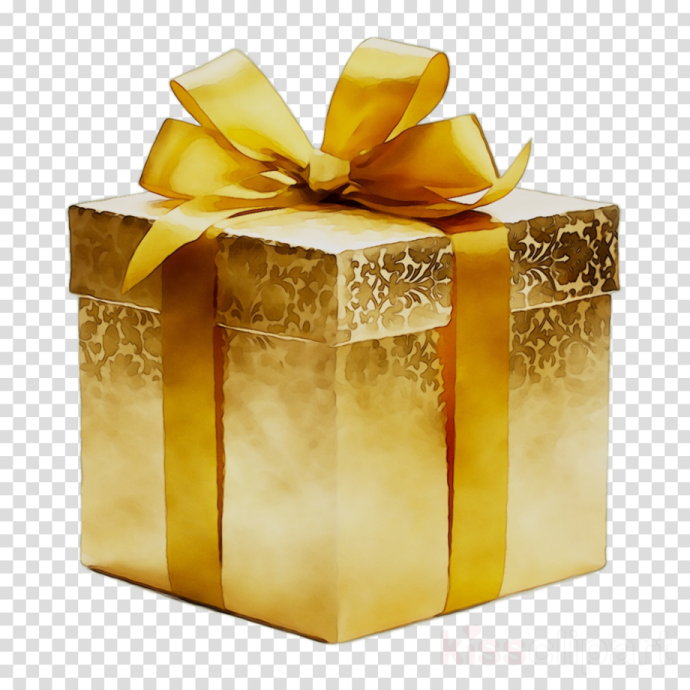 a gold gift box with a yellow ribbon and bow