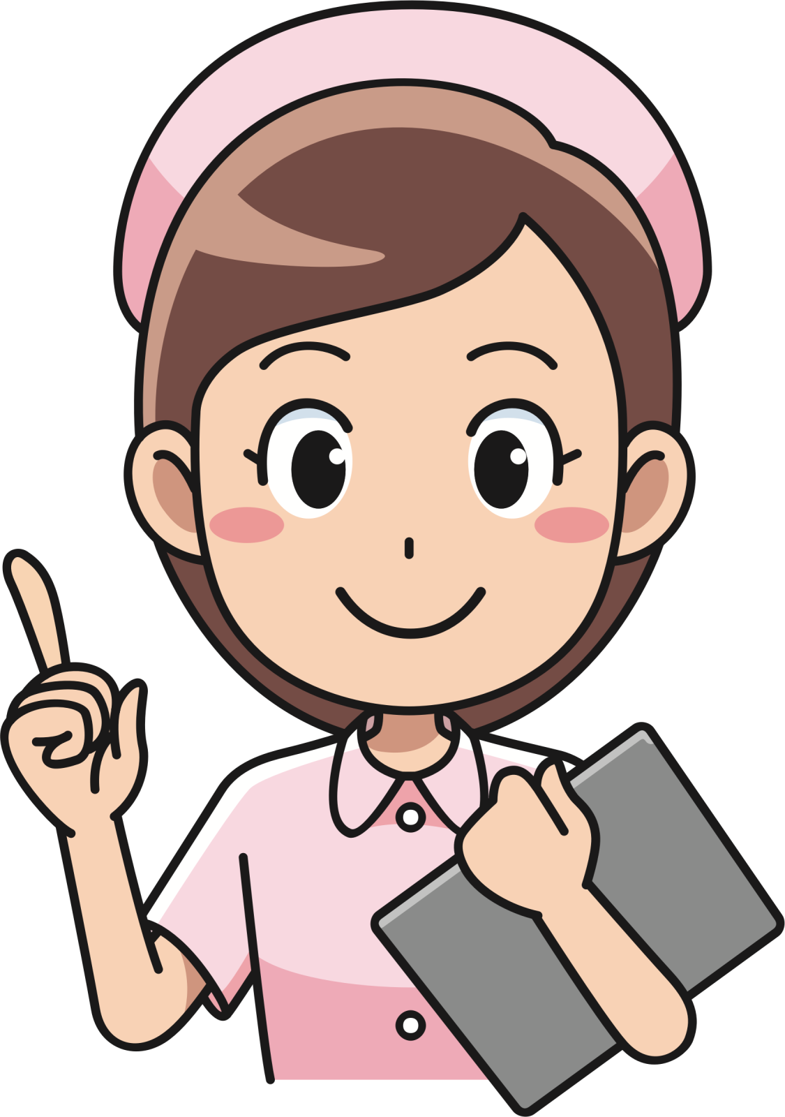 a nurse holding a tablet and pointing at it