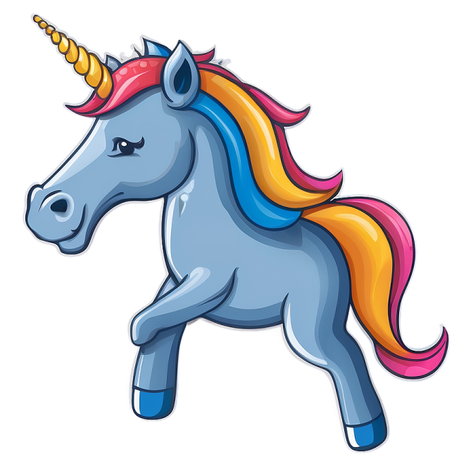 a cartoon unicorn with a colorful mane on its head