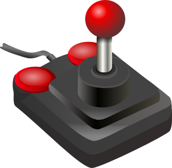 a red button on a black joystick