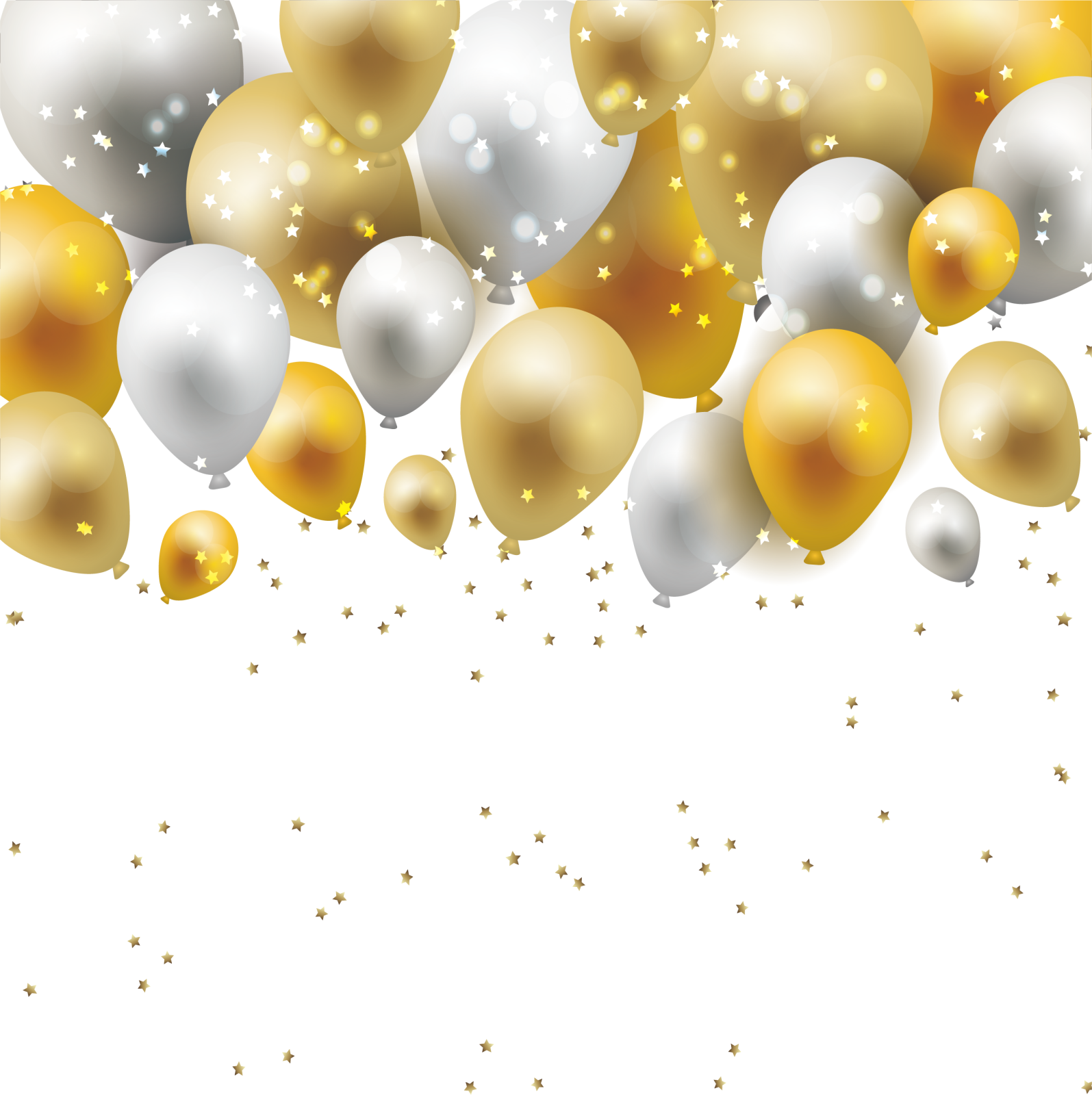 a bunch of gold and silver balloons on a white background
