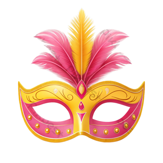 a pink and yellow mask with feathers