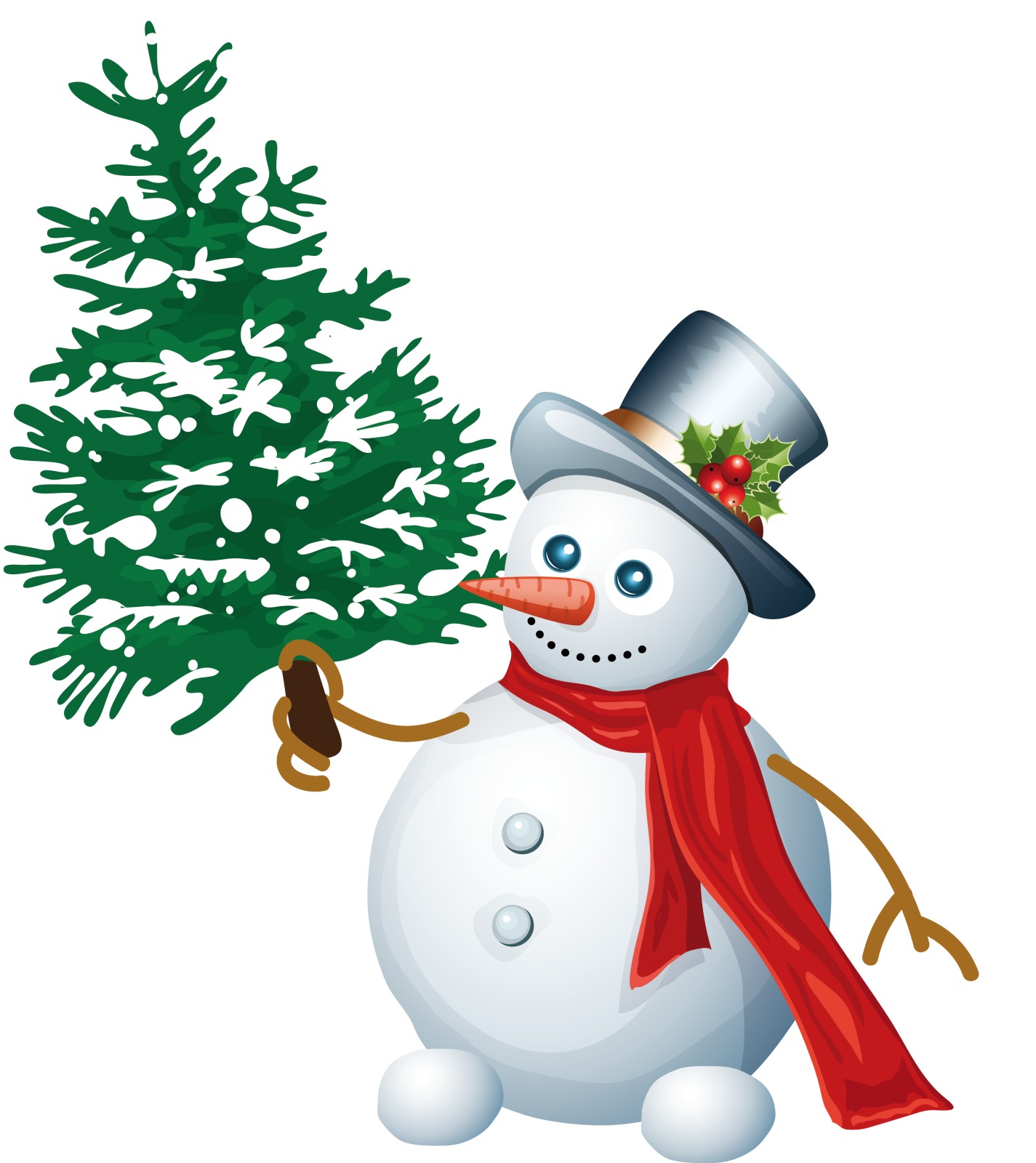 a snowman holding a christmas tree